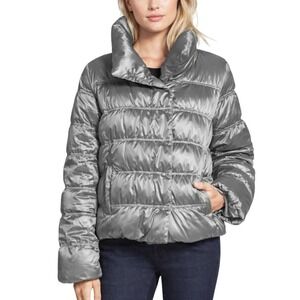 Eileen Fisher Petite Metallic Puffer Jacket Women's PS Silver Down High Neck Zip